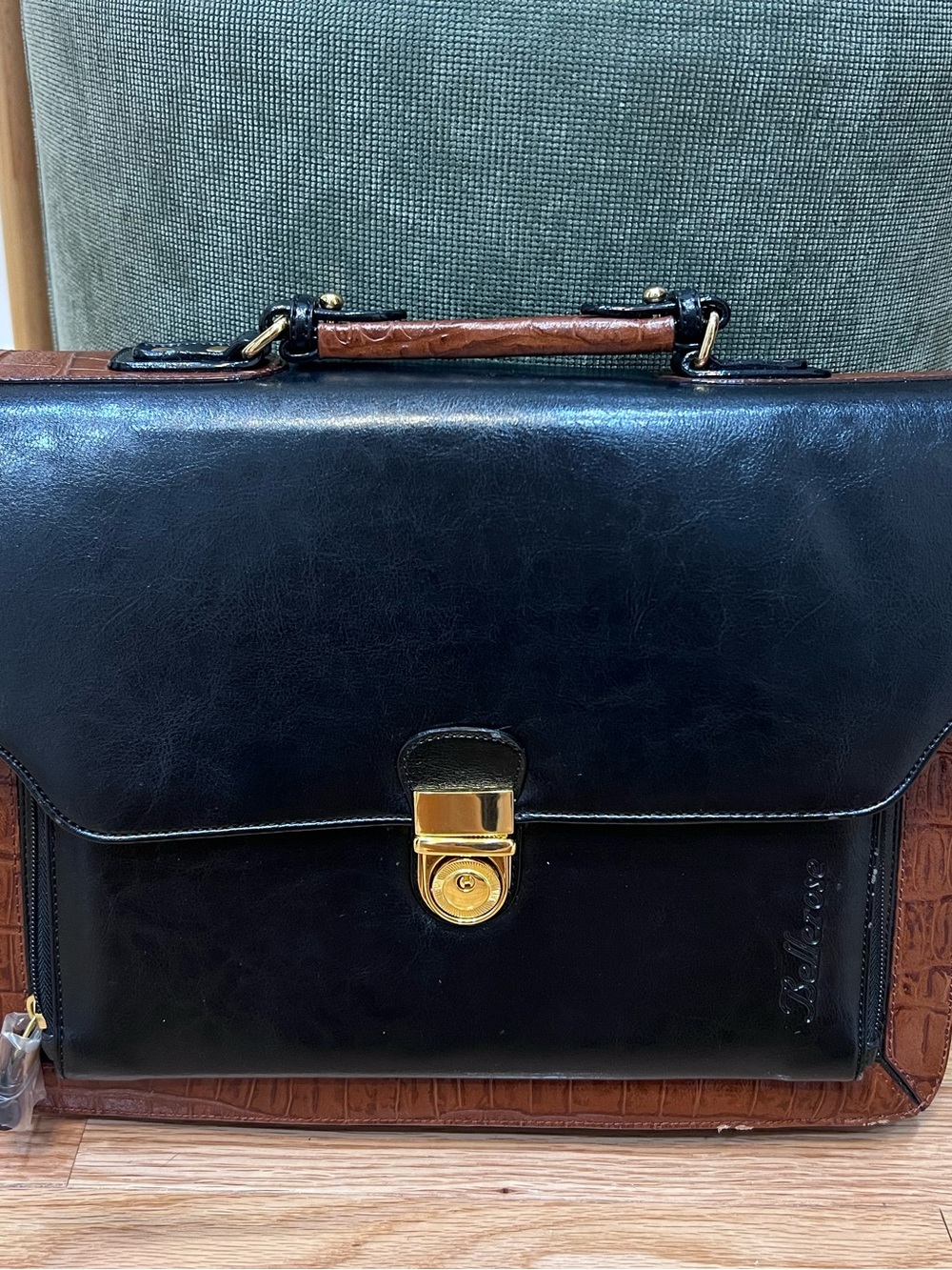 Bellerose Black and Brown Leather Briefcase with Gold Lock